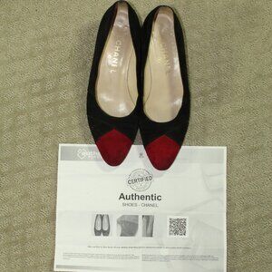 Chanel Women's Size 9 Suede Black Body Red Cap Toe Low 1.75" Block Heels